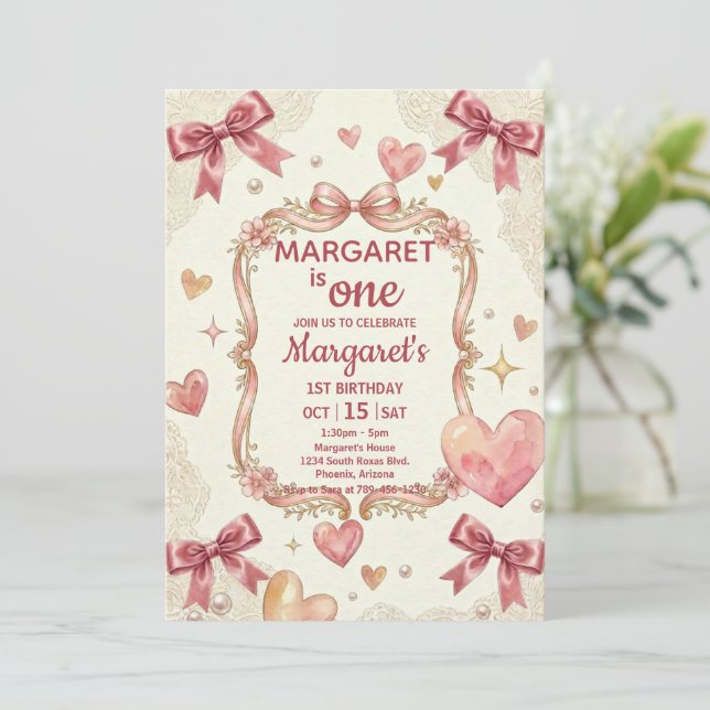 Pink Coquette Bows Birthday Einladung (Stehend Vorderseite)