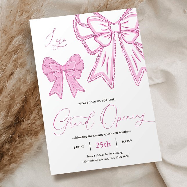 Pink Coquette Bows Feminine Grand Opening Business Einladung (Elegant pink coquette bows business grand opening invitation in pastel pink colors)