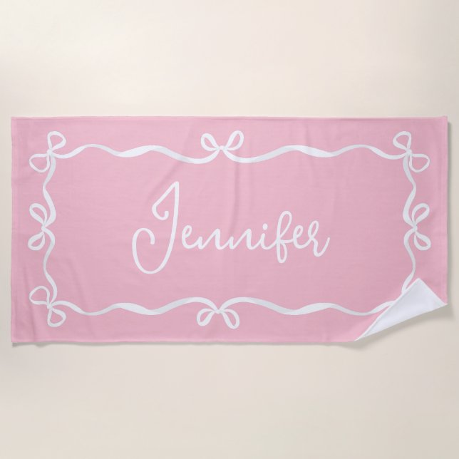Pink Coquette Bows Strandtuch, Individuelle Name Strandtuch (Vorderseite)