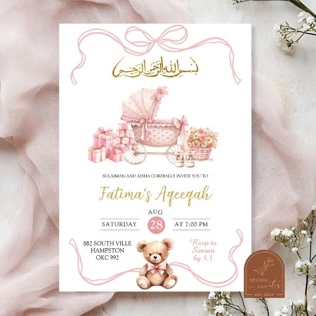 Pink Coquette Carriage Islamic Girl Baby Shooter Einladung (Von Creator hochgeladen)