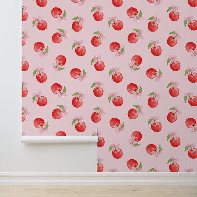 Pink Coquette Cherries and Bows Peel and Stick Tapete (Anwendung)