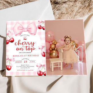 Pink Coquette Cherry On Top Birthday Party Photo Einladung