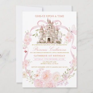 Pink Coquette Floral Castle First Birthday Einladung