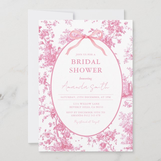 Pink Coquette Floral Toile Bridal Shower Einladung (Vorderseite)