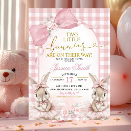 Pink Coquette Gingham Twin Bunnies Baby Shower Einladung