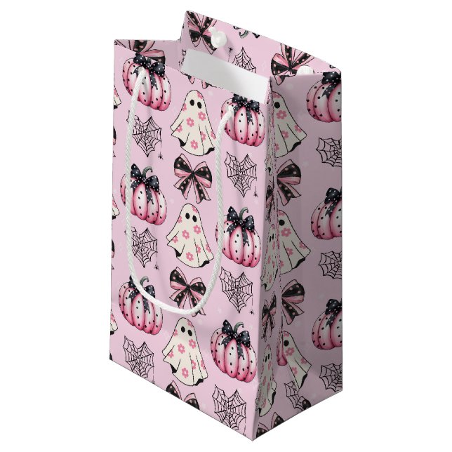 Pink Coquette Pumpkin Ghosts Halloween Muster Kleine Geschenktüte (Vorderseite Schrägansicht)