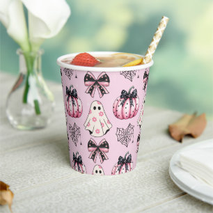 Pink Coquette Pumpkin Ghosts Halloween Muster Pappbecher