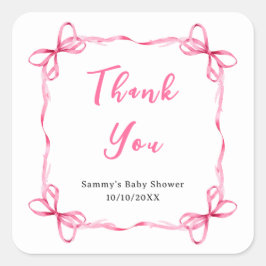 Pink Coquette Ribbon Baby Dusche Danke Quadratischer Aufkleber