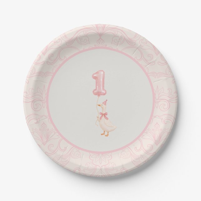 Pink Coquette Silly Goose 1st Birthday  Pappteller (Vorderseite)