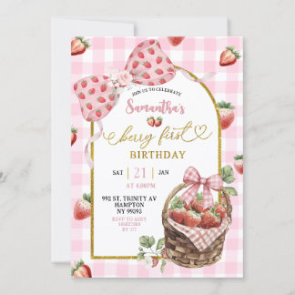 Pink Coquette Strawberry Gingham First Birthday Einladung