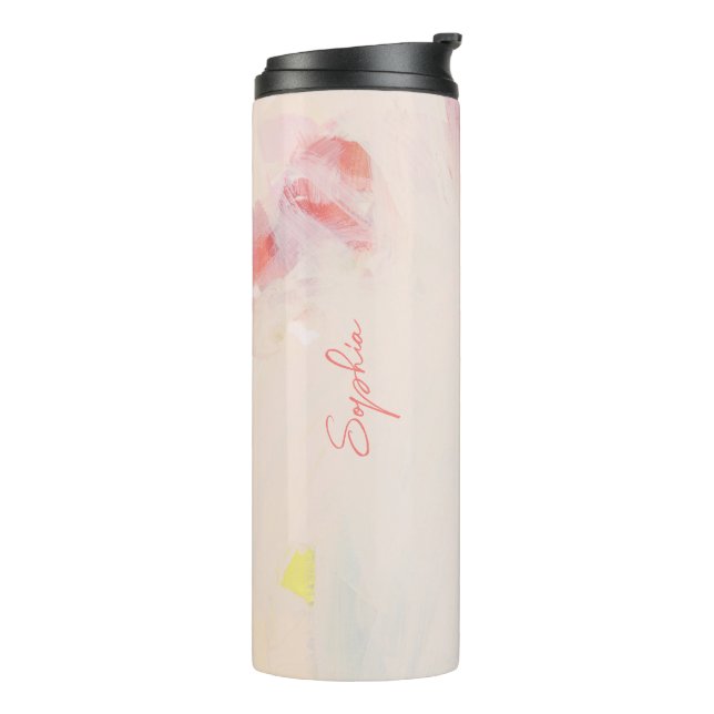 Pink & Coral Abstrakt Art Malerei Name Thermosbecher (Nach links gedreht)