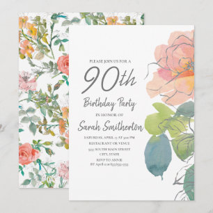 Pink Coral Boho Aquarell Floral 90. Geburtstag Einladung