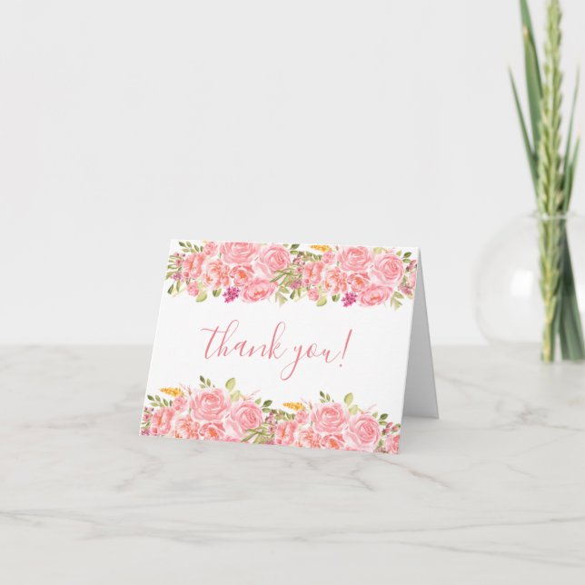 Pink Coral Floral Rose geklappt Danke Karte (Vorderseite)