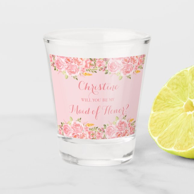 Pink Coral Floral Wedding Party Schnapsglas (Vorderseite)