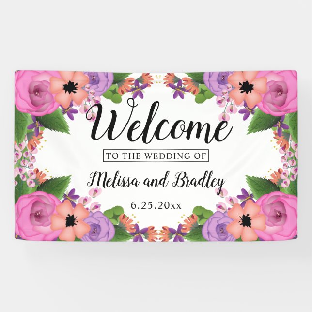Pink Coral Lila Summer Floral Wedding Willkommen Banner (Horizontal)
