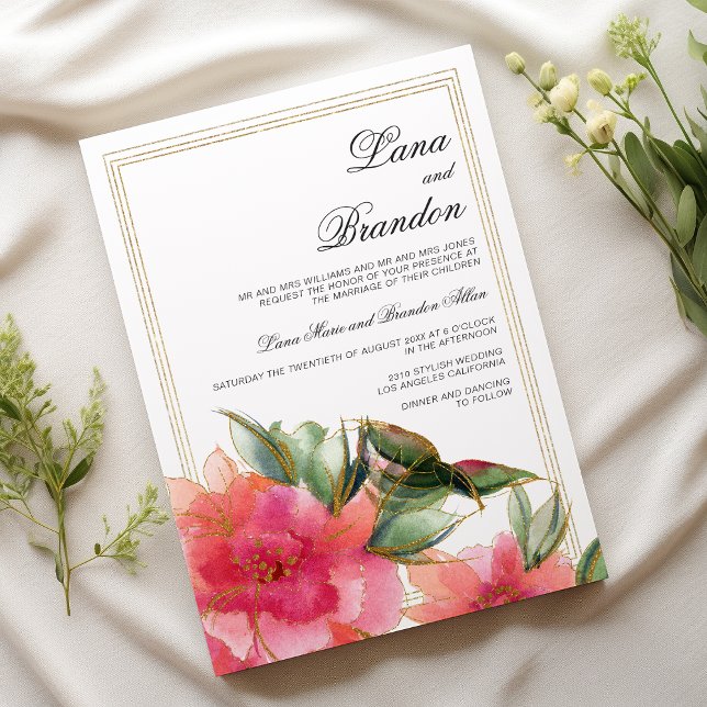 Pink coral mint white gold glitter floral wedding einladung (Pink coral mint white gold glitter floral wedding)