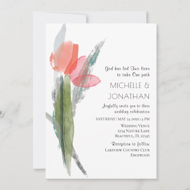 Pink Coral Tulips Moderne Christliche Hochzeit mit Einladung (Vorderseite)