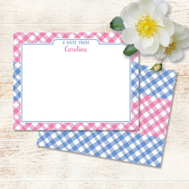 Pink & Cornflower Blue Preppy Gingham Stationery Mitteilungskarte (Pink & Cornflower Blue Gingham Flat Note Cards)