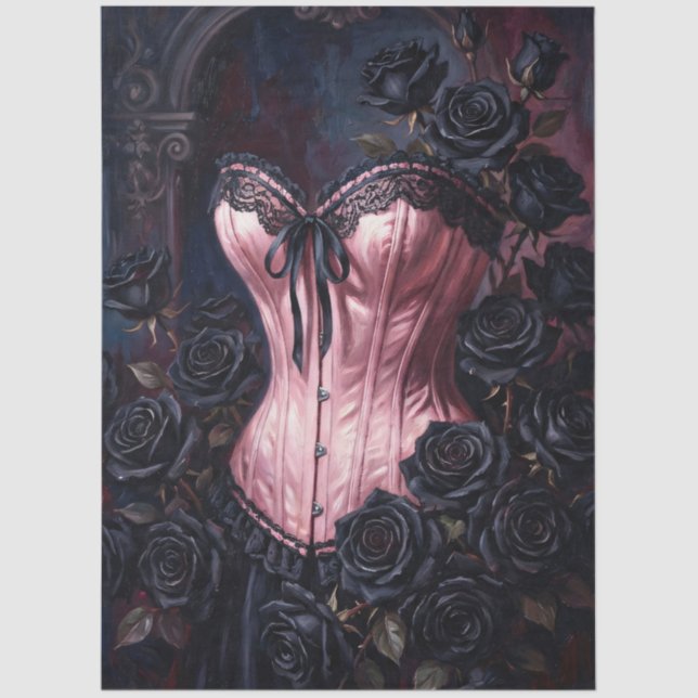 Pink Corset Black Roses Decoupage Seidenpapier (Vorderseite)