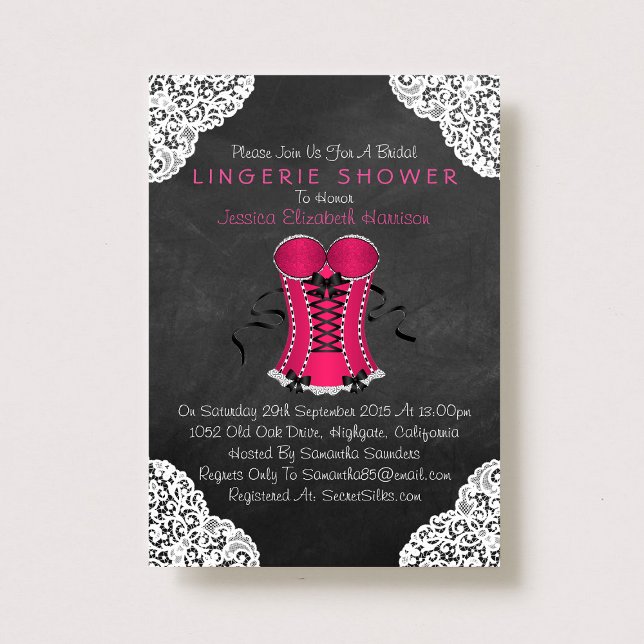 Pink Corset White Lace Chalkboard Fingerie Dusche Einladung (Von Creator hochgeladen)
