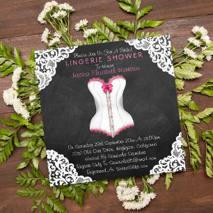 Pink Corset White Lace Chalkboard Fingerie Dusche Einladung