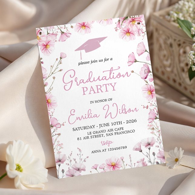 Pink Cosmos & Bee Graduation Invitation Einladung (Von Creator hochgeladen)