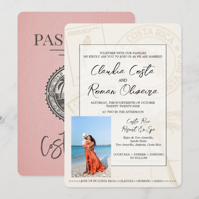 Pink Costa Rica Pass Einladung Hochzeit (Vorne/Hinten)