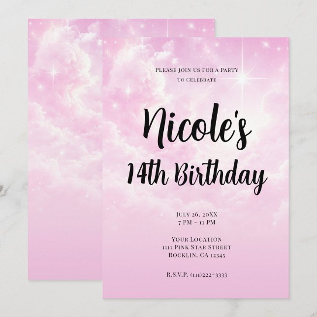 Pink Cotton Candy Clouds Starry Sky Birthday Party Einladung (Vorne/Hinten)