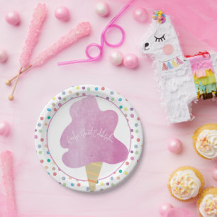 Pink Cotton Candy Geburtstagsparty Wasserfarben Pu Pappteller