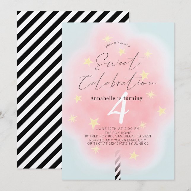 Pink Cotton Candy Sweet Girl Birthday Einladung (Vorne/Hinten)