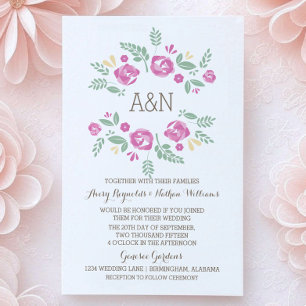 Pink Country Floral Monogramme Mariage Invitation