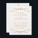 Pink Country Floral Wedding Save The Date<br><div class="desc">Rustikale,  schicke Hochzeit speichern die Datumskarten mit einem symmetrischen Blumenrahmen aus hübschem Pfirsich,  Rosa,  Korallen und Nektarinen-Orangen-Blume,  sanften grünen botanischen Blätter mit handgezeichnet Aussehen und Hintergrund mit einem subtilen und eleganten,  texturierten Aussehen.</div>
