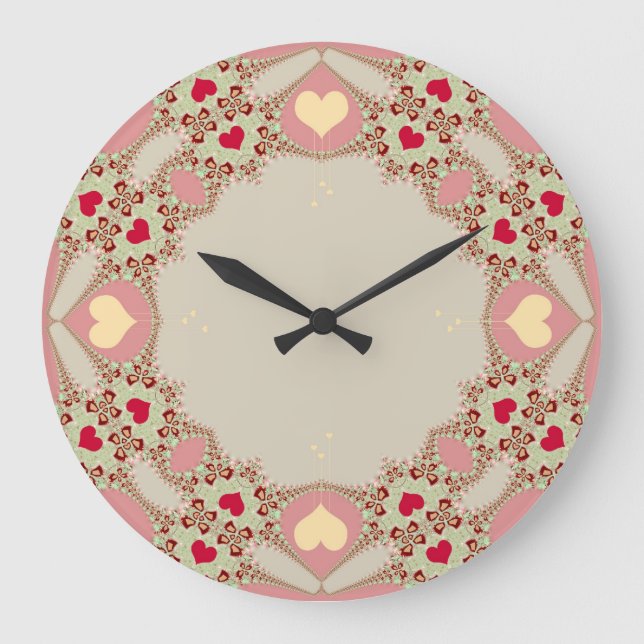 Pink Country Love Hearts Wall Clock Große Wanduhr (Vorderseite)