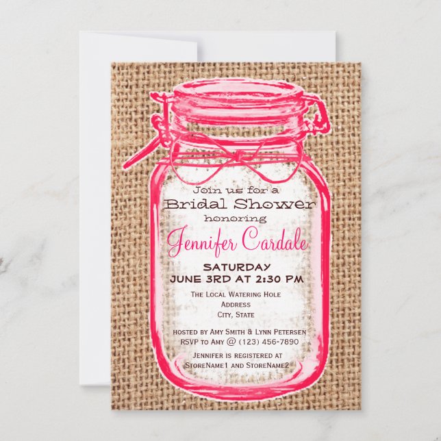 Pink Country Mason Jar Invitations de douche nupti (Devant)