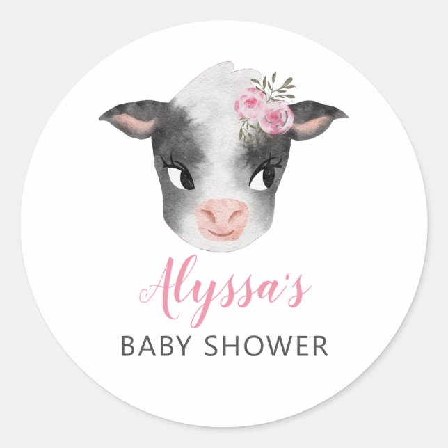Pink Cow Girl Babydusche Runder Aufkleber (Vorderseite)