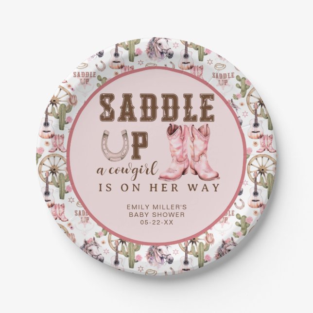 Pink Cowgirl Babydusche Sattel Auf Party plattiere Pappteller (Vorderseite)