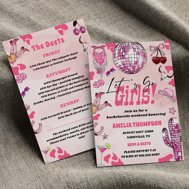 Pink Cowgirl Bachelorette West Rodeo Weekend Einladung (Let’s go girls Pink Cowgirl Rodeo West Coquette Bachelorette Rodeo Weekend Invitation
)