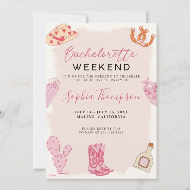 Pink Cowgirl Bachelorette Wochenende Einladung (Vorderseite)