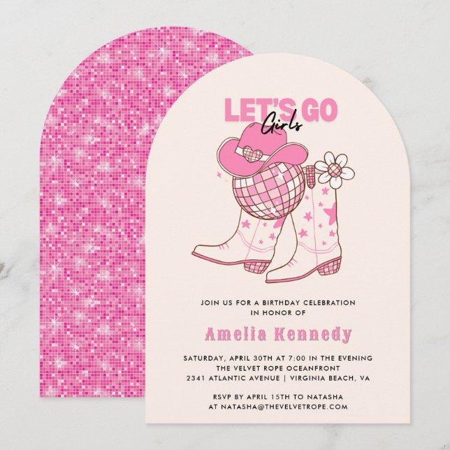 Pink Cowgirl Birthday Party Lasse Go Girls Retro Einladung (Vorne/Hinten)