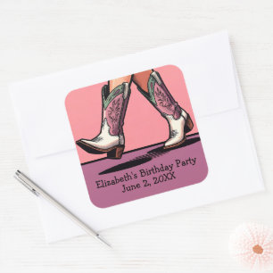 Pink Cowgirl Boots Western Girl Birthday Party Quadratischer Aufkleber