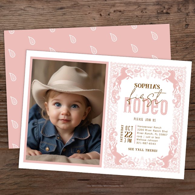 Pink Cowgirl First Rodeo Foto Einladung - Wester (Pink Rodeo Birthday Invitation)