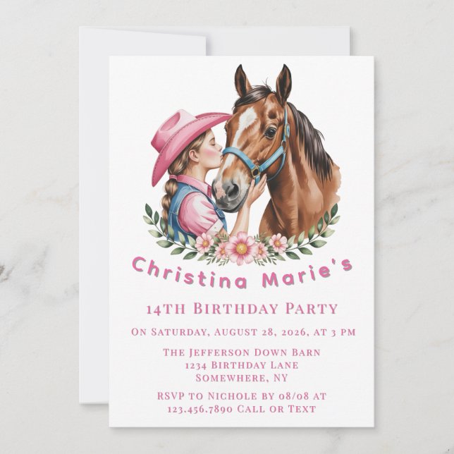 Pink Cowgirl Kissing a Horse Birthday Party Gift Einladung (Vorderseite)