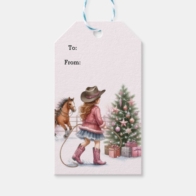 Pink Cowgirl Lassoing Weihnachten Geschenkanhänger (Vorderseite)