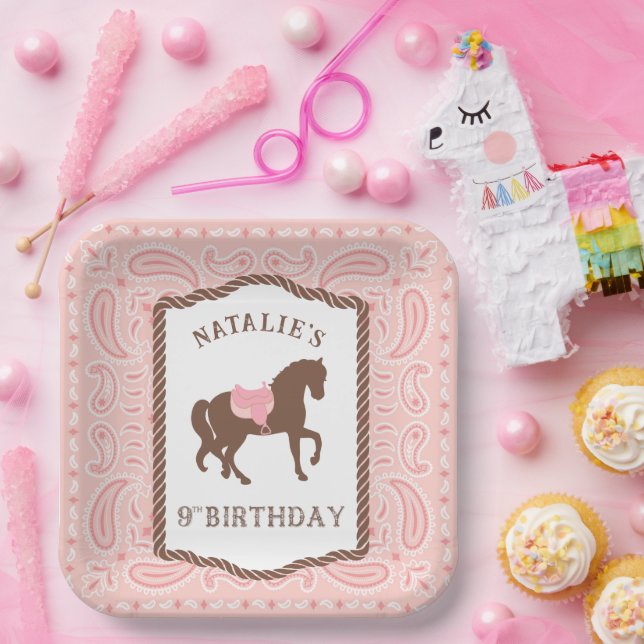 Pink Cowgirl | Pferde Silhouette 9. Geburtstag Pappteller (Party)