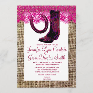 Pink Cowgirl Stiefel Horseshoe Burlap Hochzeit Einladung