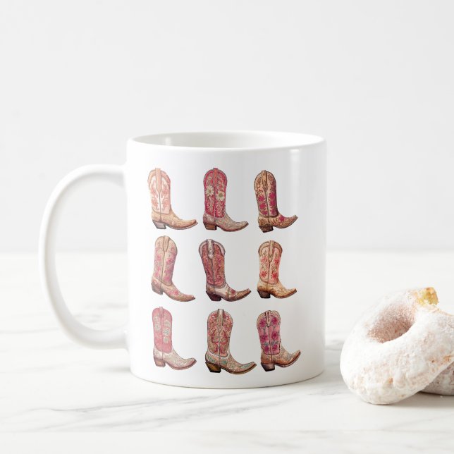 Pink Cowgirl Stiefel, Western Blumenwelt Kaffeetasse (Mit Donut)