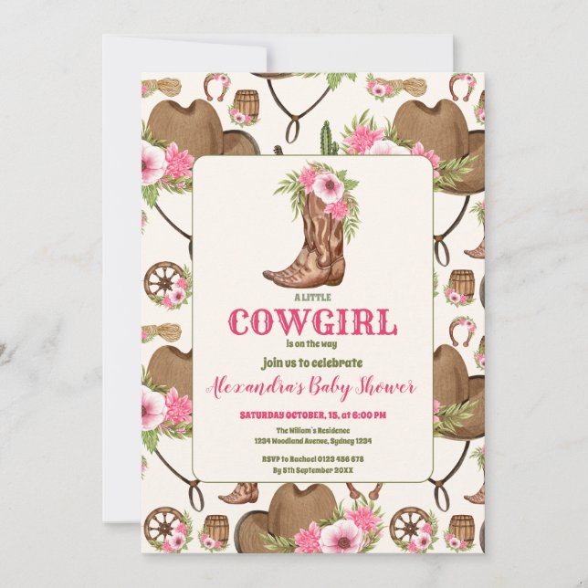 Pink Cowgirl Western Babydusche Einladung (Vorderseite)