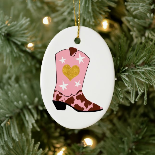 Pink Cowgirl Western Boot Weihnachten Keramik Ornament (Baum)