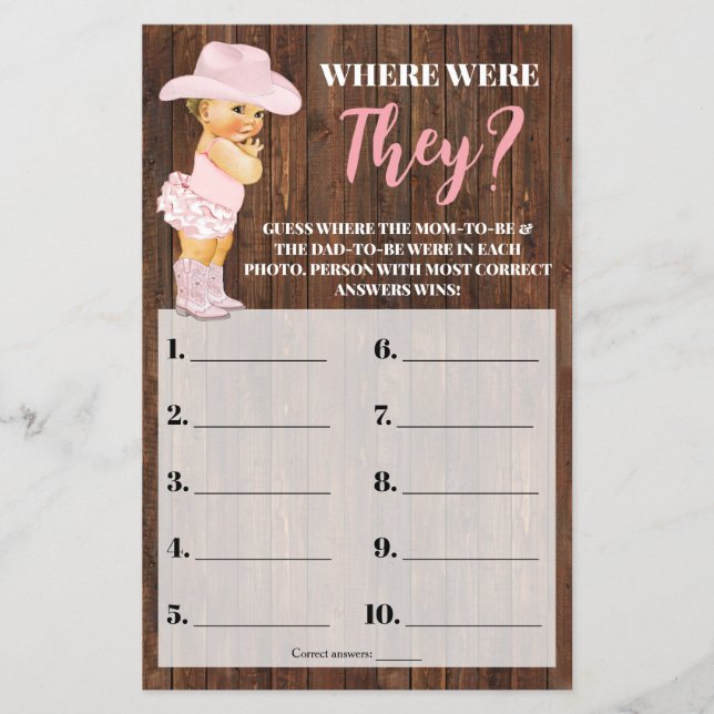 Pink Cowgirl Wo waren sie Baby Dusche Spielkarte Flyer (Vorne)