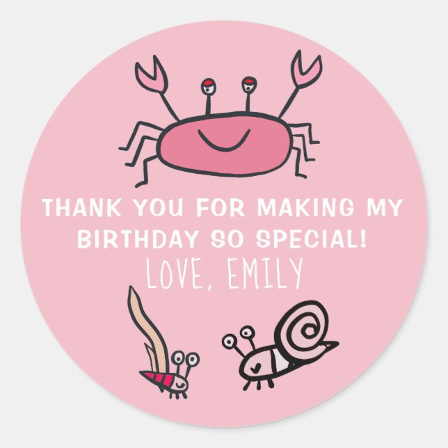Pink Crab Sea Animal Girl Birthday Favor Sticker (Vorderseite)